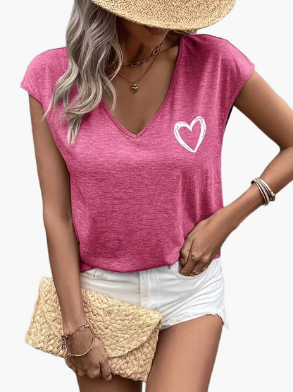 Damen T-Shirt mit Herzprint und V-Ausschnitt – Lässiges Sommer-Top für Freizeit und Alltag