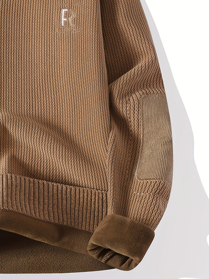Suéter unisex de cuello redondo con textura acanalada y parches en los codos