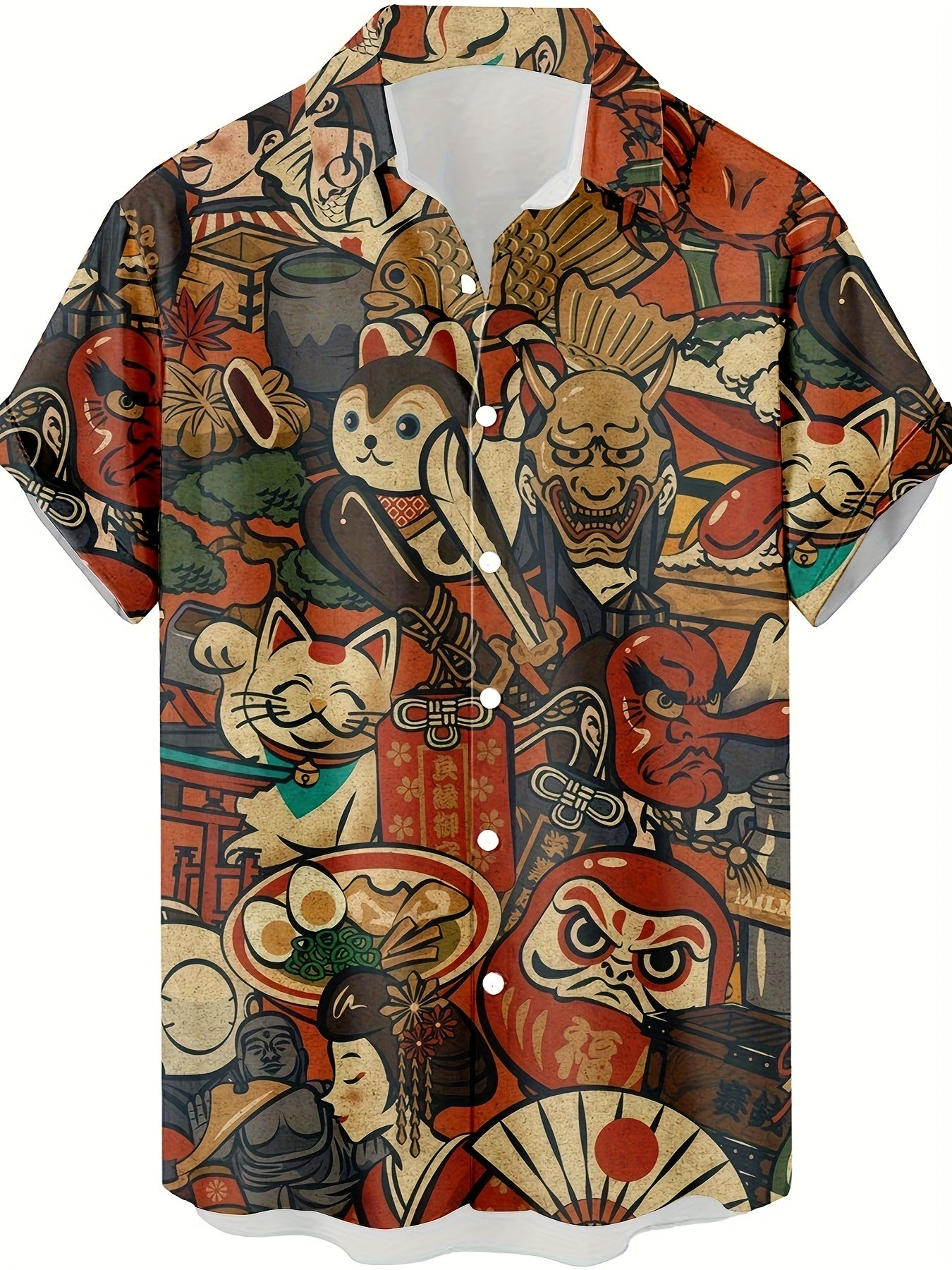 Herren Kurzarm Hemd mit Japanischem Grafik-Print – Künstlerisches Freizeithemd für Sommer & Alltag