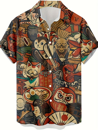 Herren Kurzarm Hemd mit Japanischem Grafik-Print – Künstlerisches Freizeithemd für Sommer & Alltag