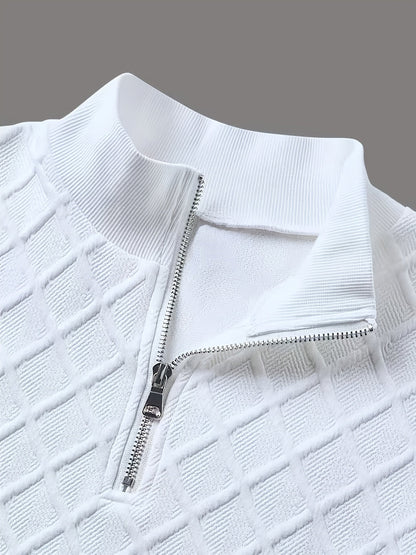 Herren Halb-Reißverschluss Pullover Weiß mit Rautenmuster, Langarm, Stehkragen
