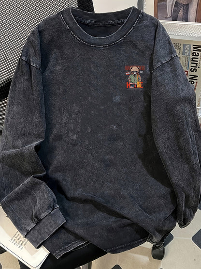 Unisex Langarmshirt mit Bären-Print, verwaschenes Grau