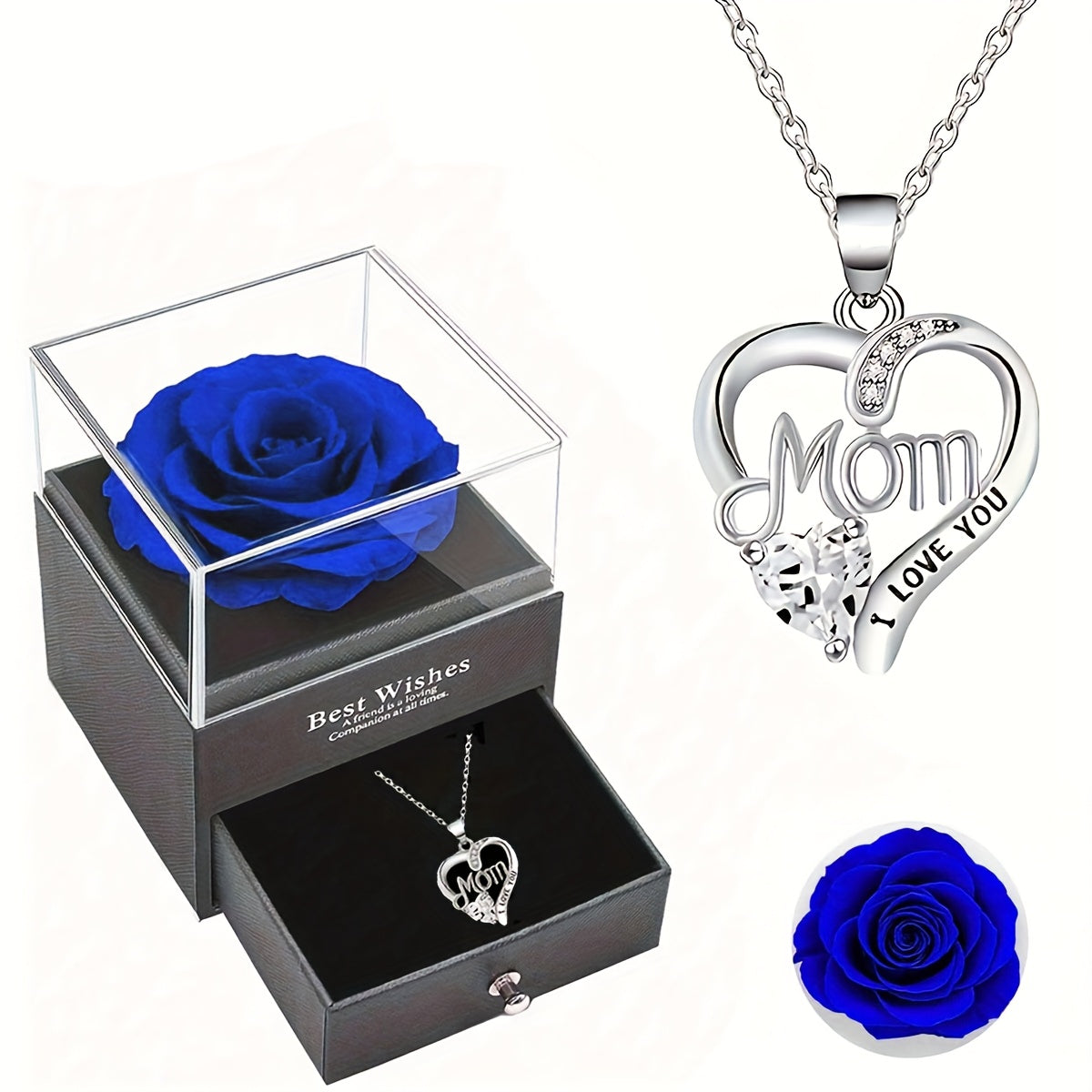 Damen Schmuckset Herz Halskette mit Anhänger 'Mom I Love You' und Geschenkbox mit Ewiger Rose – Elegantes Muttertagsgeschenk