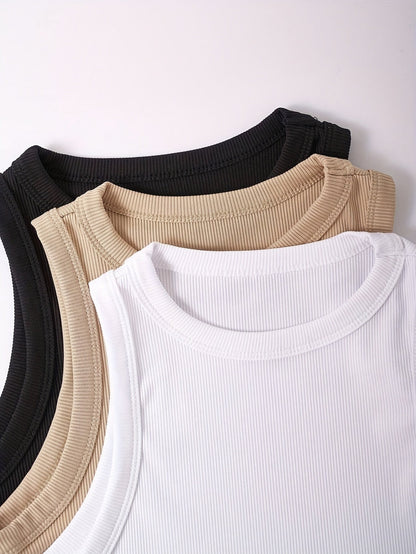 Damskie sportowe basic tank topy w zestawie 3 sztuk – bezrękawniki, wygodne koszulki na co dzień z okrągłym dekoltem