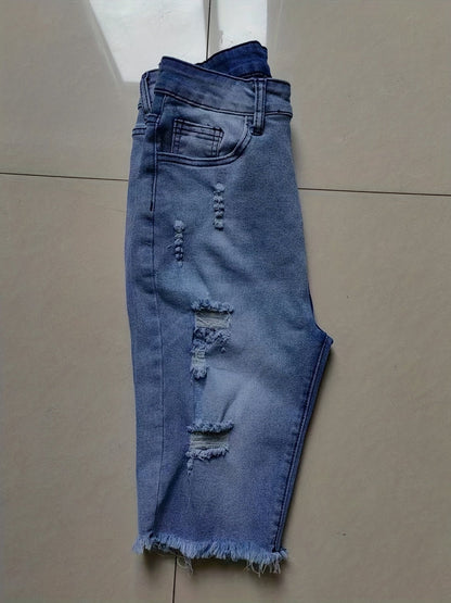Bermuda jeans da donna effetto usato con frange – Moda estiva alla moda, streetwear e tempo libero