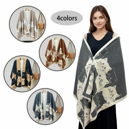 Katzen-Poncho mit Fransen Warmer Wickelschal Damen Cape Braun Gemustert
