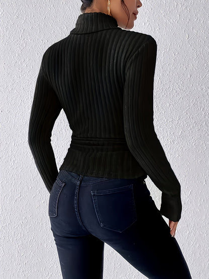 Geripptes Damen Rollkragen Langarmshirt Eng Anliegend