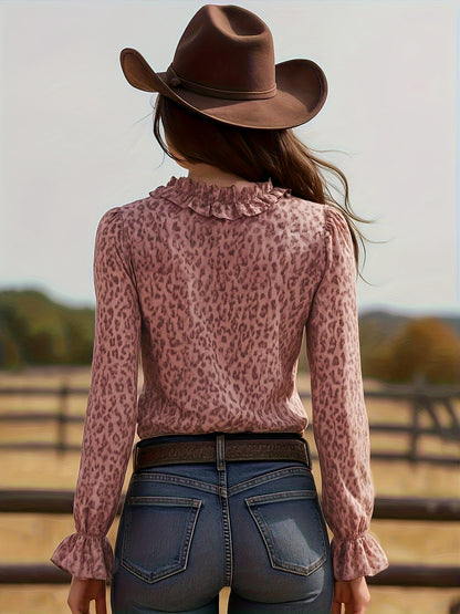 Chemisier femme élégant avec volants et motif léopard – Encolure en V tendance pour loisirs et sorties