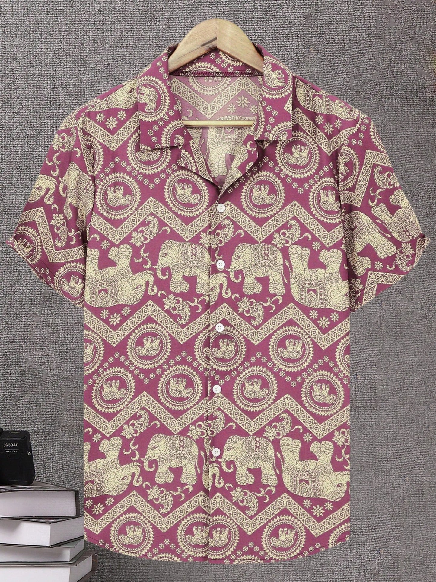 Chemise de villégiature pour homme avec imprimé éléphants et mandalas, manches courtes, chemise décontractée moderne