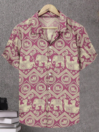 Chemise de villégiature pour homme avec imprimé éléphants et mandalas, manches courtes, chemise décontractée moderne