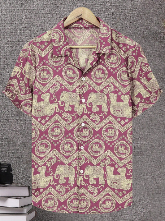 Heren resortoverhemd met olifanten- en mandalaprint, korte mouw, modern vrijetijdsshirt
