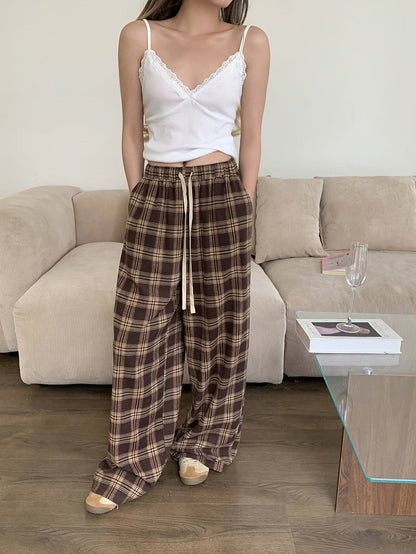 Pantaloni del pigiama da donna, marroni, a quadri, a gamba larga