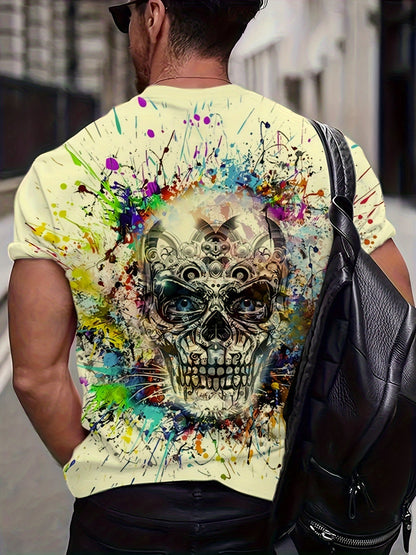T-shirt homme avec imprimé tête de mort et éclaboussures de peinture – style streetwear urbain, manches courtes, grandes tailles