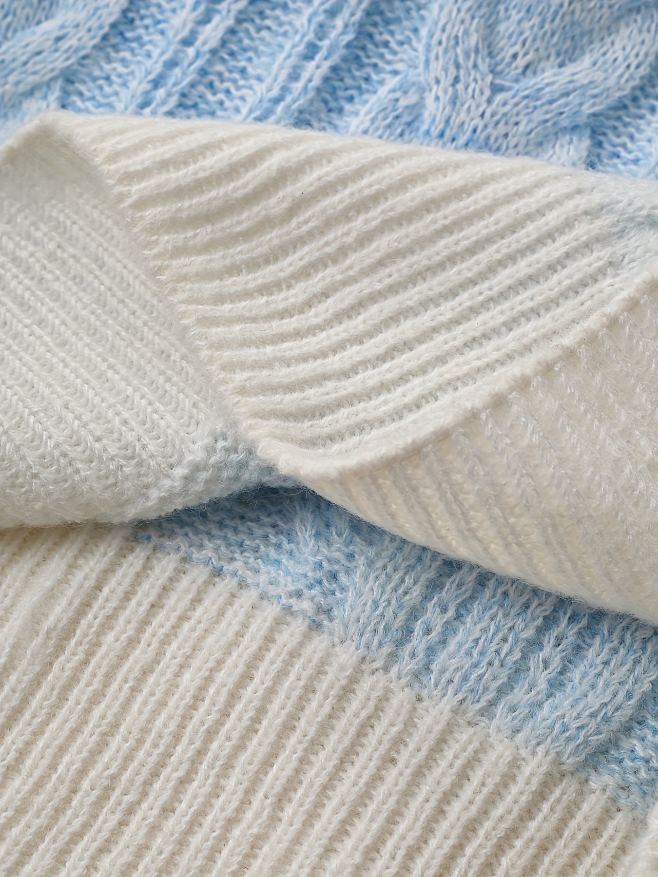 Damen Strickpullover Zopfmuster Blau Weiß Gemütlich Rundhals Langarm