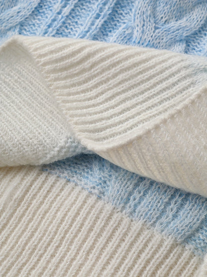 Damen Strickpullover Zopfmuster Blau Weiß Gemütlich Rundhals Langarm
