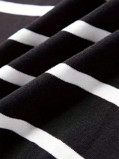 Herren Langarmshirt Gestreift Schwarz-Weiß Rundhals