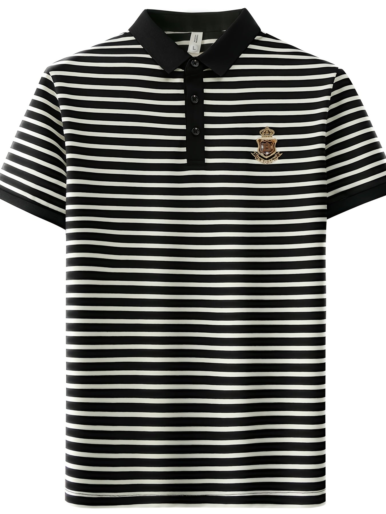 Męska koszulka polo w paski z emblematem na piersi – klasyczna, z krótkim rękawem, styl smart casual