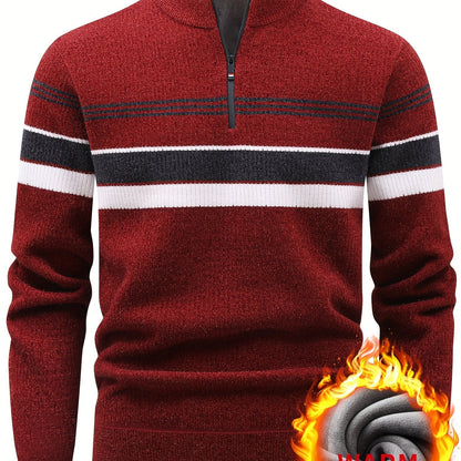 Herren Halb-Reißverschluss Strickpullover mit Streifenmuster, gerippt