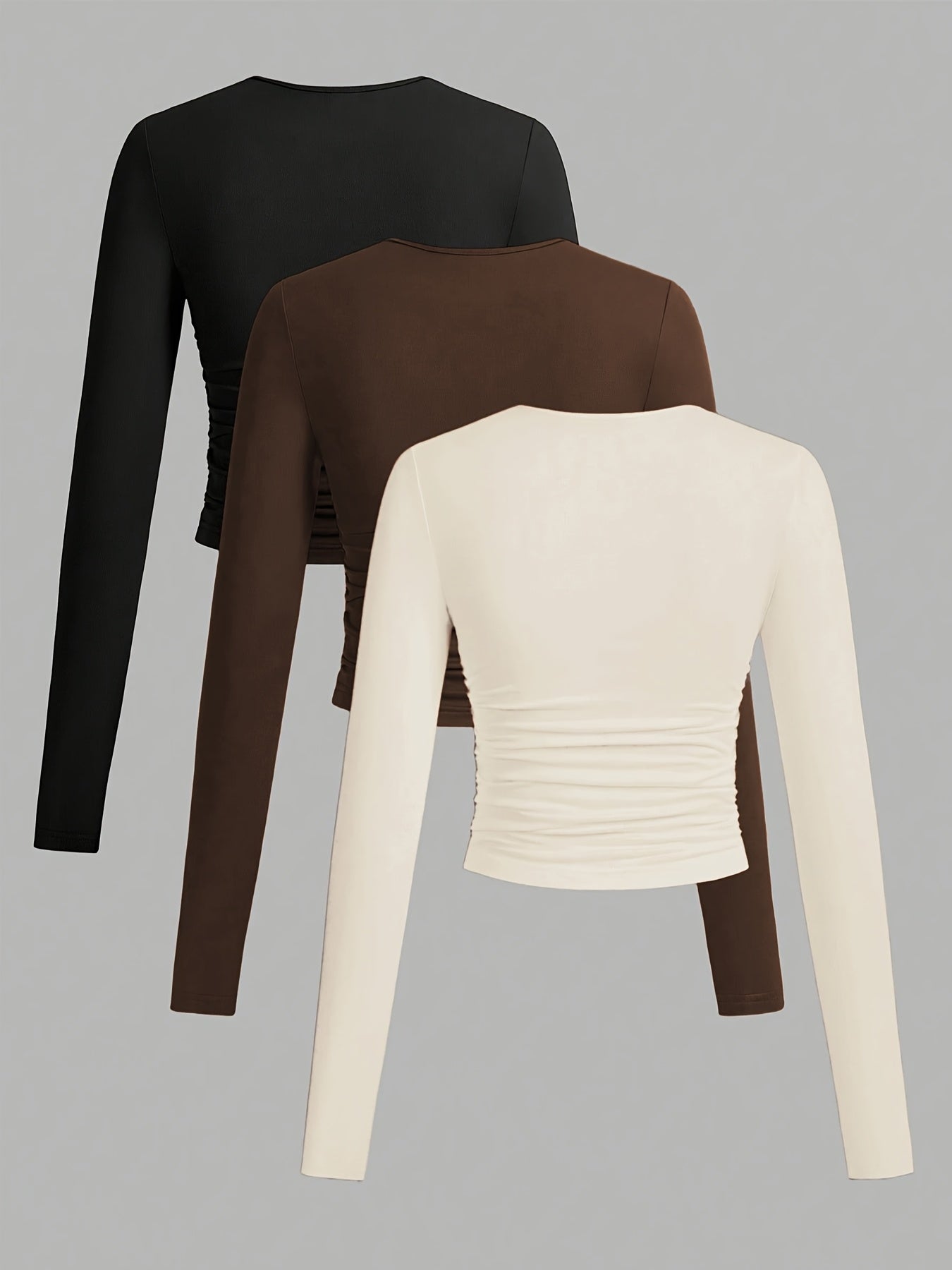 Damen Langarm Crop Top 3er-Pack mit Raffung, Rundhals