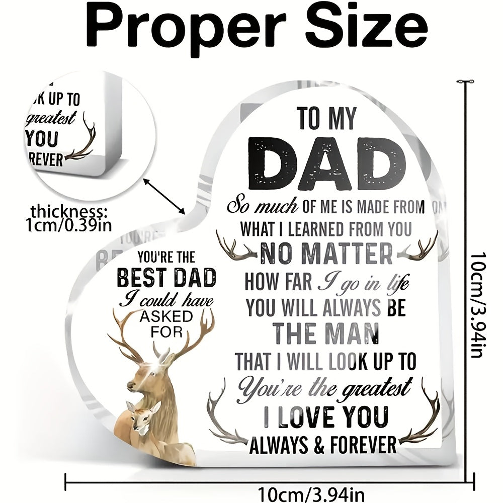 Hartvormig premium acrylbord voor mannen – decoratief cadeau voor papa met inspirerende boodschap en hertmotief, tafeldecoratie Vaderdag & verjaardag