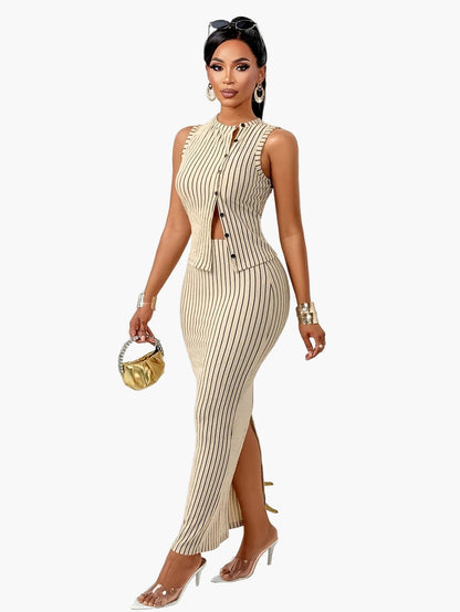 Robe maxi moulante élégante à rayures pour femme avec patte de boutonnage – Parfaite pour le bureau et les événements