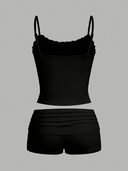 Dame Loungewear Sæt – Elegant kort top og shorts, ideel til fritid og sommer