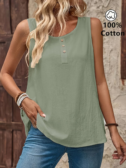 Top Henley sans manches décontracté pour femme avec patte de boutonnage, idéal pour le quotidien et l'été