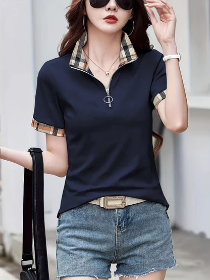 Polo casual da donna con zip e motivo a quadri – Maglia da tempo libero alla moda con collo con cerniera