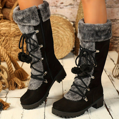 Damen Winterstiefel Schwarz mit Plüschbesatz & Pompons, seitlicher Reißverschluss