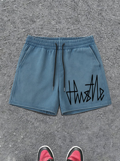 Męskie szorty streetwear z nadrukiem „Hustle” – luźne szorty dresowe na co dzień i na czas wolny