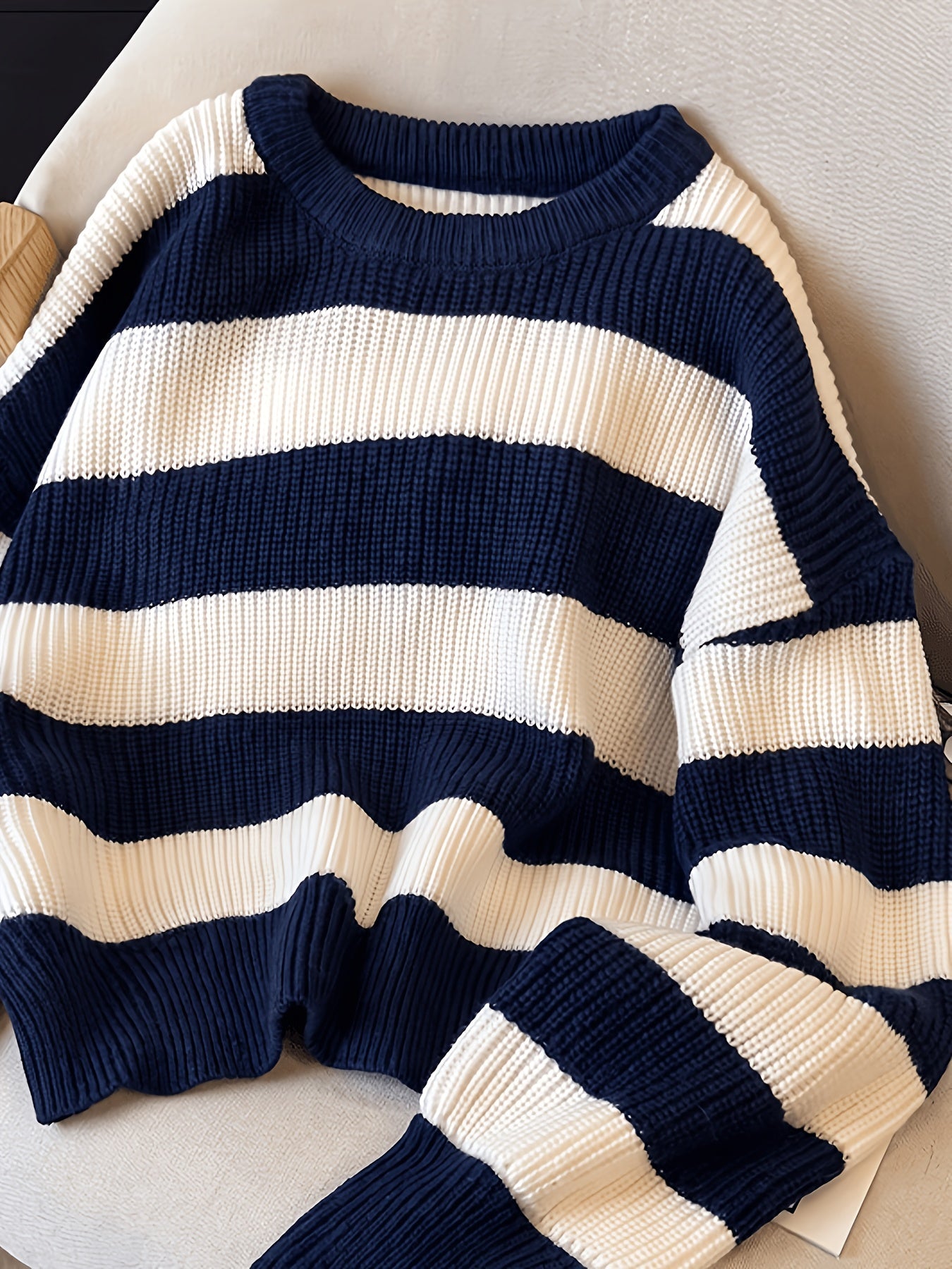 Gestreifter Pullover Damen Schwarz Weiß Langarm Rundhals Strickpullover