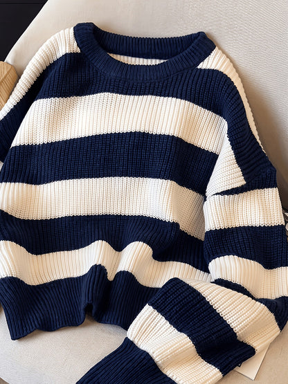Gestreifter Pullover Damen Schwarz Weiß Langarm Rundhals Strickpullover