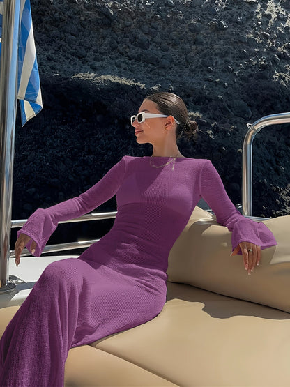 Abito maxi da spiaggia da donna con maniche lunghe, look elegante per vacanze e resort
