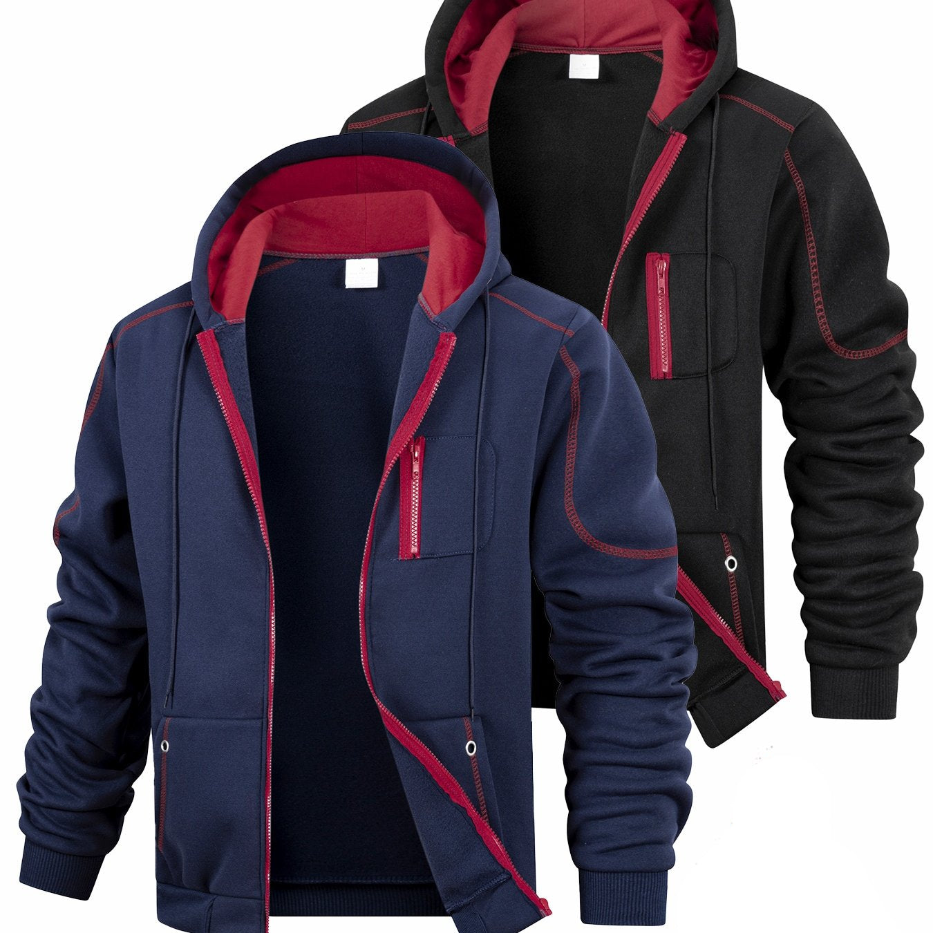 2er Pack Herren Kapuzenjacke Reißverschluss, gefüttert, Kontrastnähte
