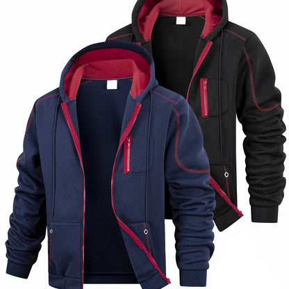 2er Pack Herren Kapuzenjacke Reißverschluss, gefüttert, Kontrastnähte
