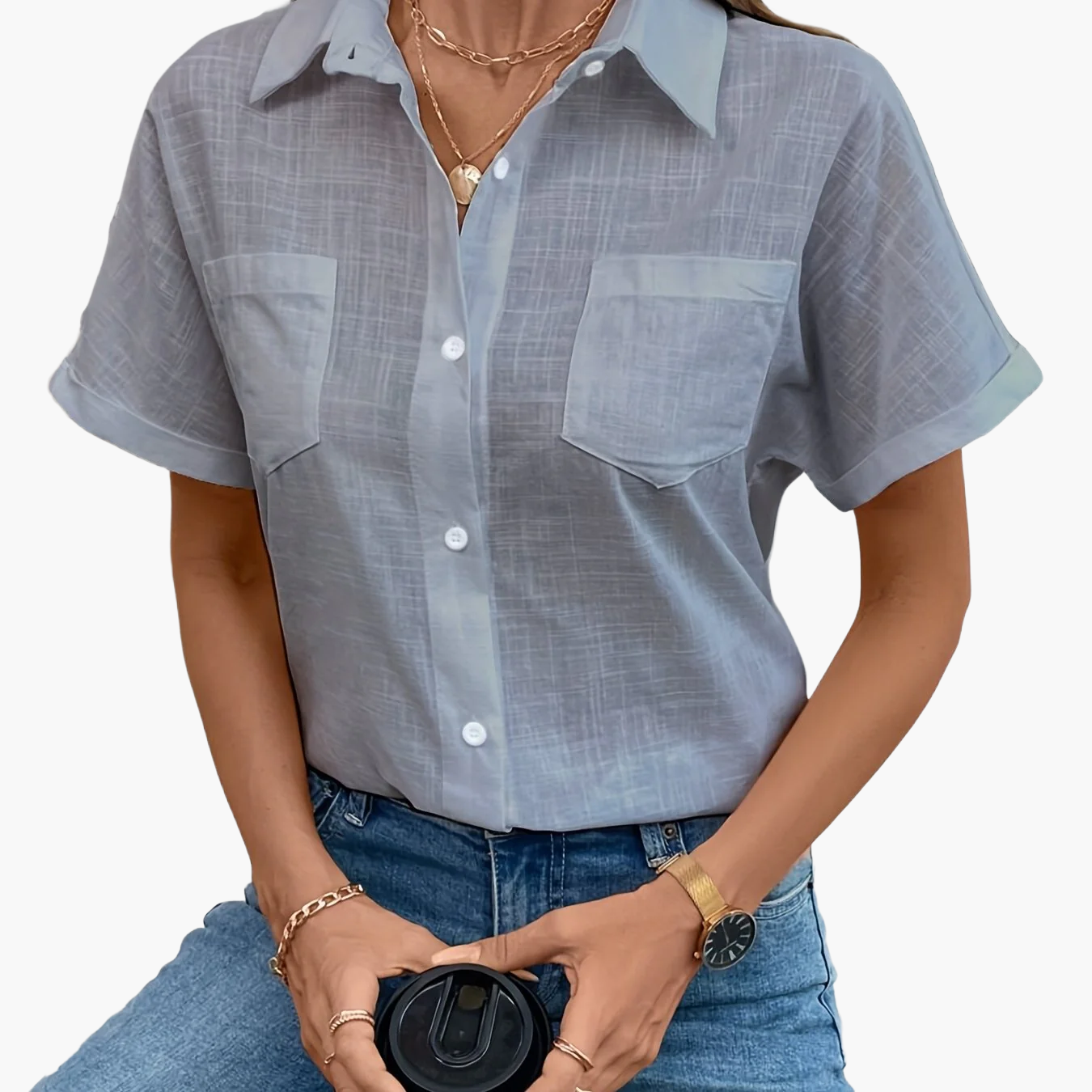 Damen Kurzarm Bluse mit Vogelmotiv – Casual Sommer Hemd mit Brusttasche