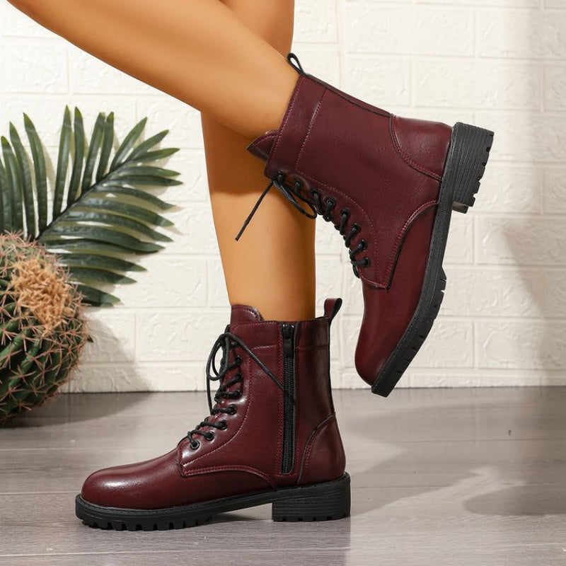 Botines de cordones para mujer, color burdeos, con cremallera y suela dentada