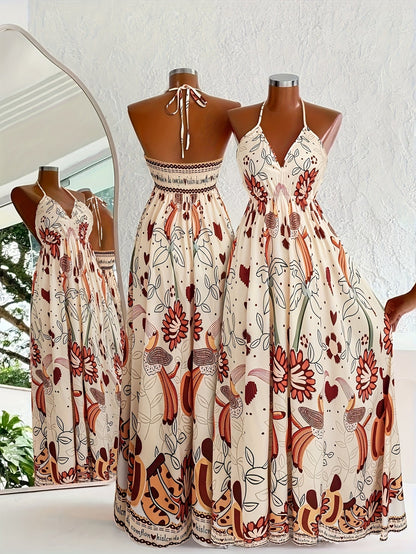 Damen Boho Maxikleid mit Halterneck und Blumenprint – Perfekt für Urlaub und Sommerfeste