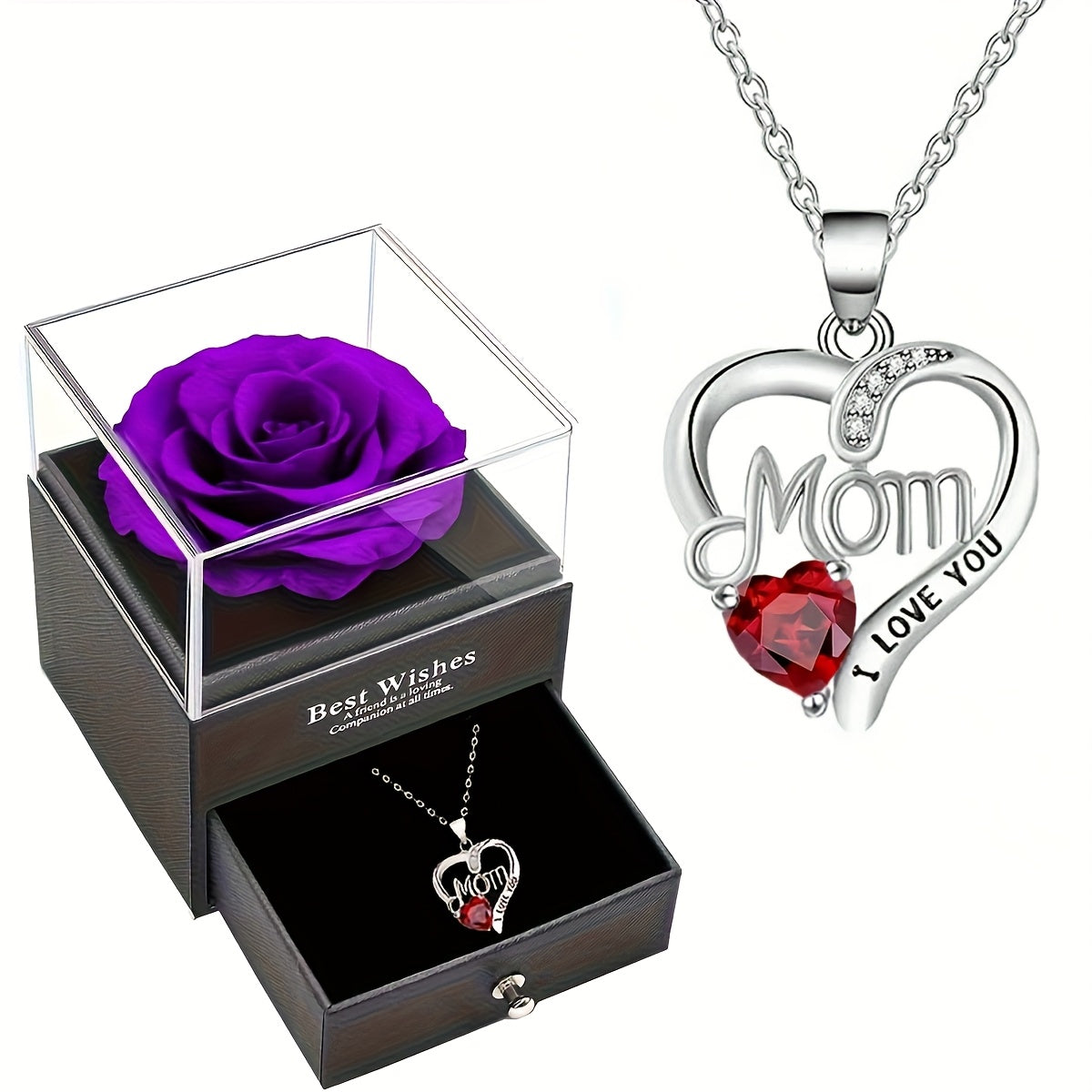 Damen Schmuckset Herz Halskette mit Anhänger 'Mom I Love You' und Geschenkbox mit Ewiger Rose – Elegantes Muttertagsgeschenk