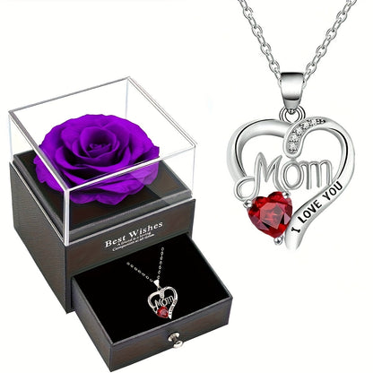 Damen Schmuckset Herz Halskette mit Anhänger 'Mom I Love You' und Geschenkbox mit Ewiger Rose – Elegantes Muttertagsgeschenk
