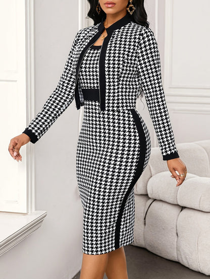 Damen Set Hahnentritt-Kleid und kurze Jacke Schwarz-Weiß