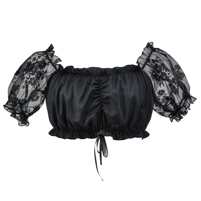 Crop Top con Mangas Abullonadas y Encaje para Mujer – Elegante Top Off-Shoulder para Oktoberfest para Mujeres a la Moda
