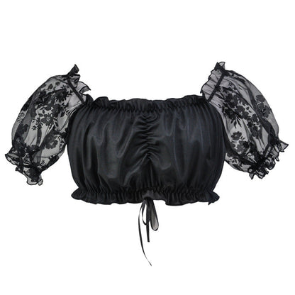 Crop Top con Mangas Abullonadas y Encaje para Mujer – Elegante Top Off-Shoulder para Oktoberfest para Mujeres a la Moda