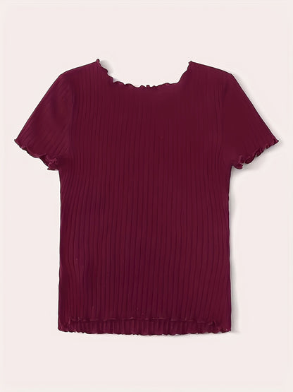 Damen Basic Kurzarm Shirt mit Rippstruktur und Wellensaum – Stilvolles Alltagsoberteil
