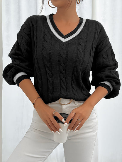 Suéter de punto para mujer con trenzado, escote en V y rayas en el cuello y los puños