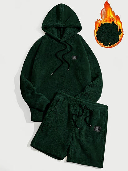 Unisex teddyfleece hoodie- en shortset met capuchon en trekkoord
