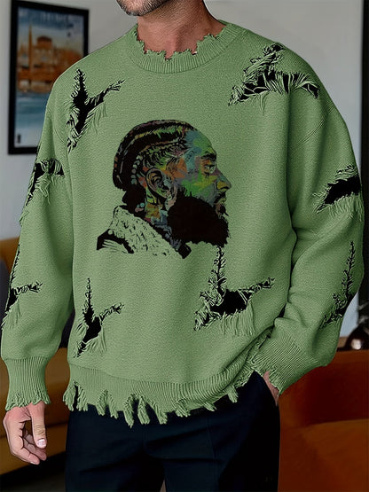 Suéter de hombre de cuello redondo con estampado y efecto desgastado beige