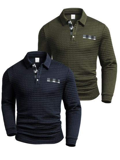 Herren Langarm Poloshirt strukturiert mit Kragen marineblau