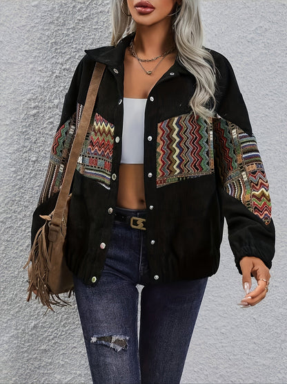 Damen Cordjacke mit ethnischem Patchwork-Muster Schwarz