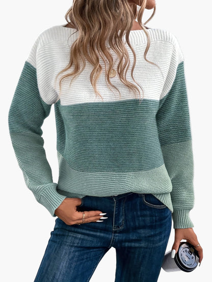 Damski sweter dziany w designie colorblock – Elegancki look na czas wolny na jesień i zimę